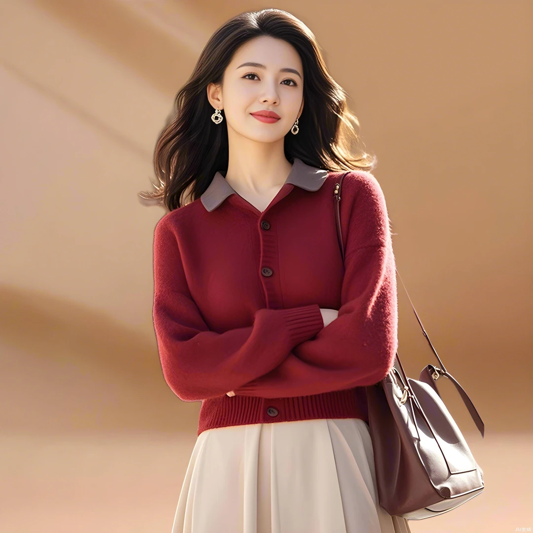 韩版气质洋气范时尚上衣秋冬新款拼色翻领短款新年红长袖针织开衫