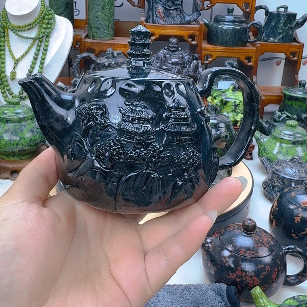 长***弓未镶嵌蛇纹石玉藏玉药王石精美茶壶