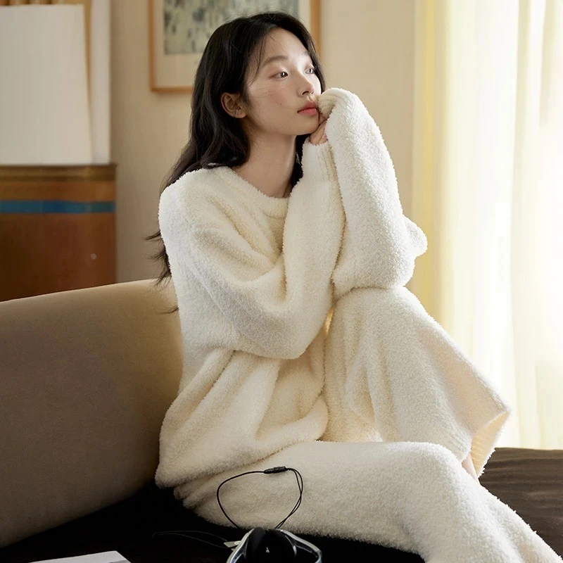 【保暖搭子】简约宽松加绒睡衣秋冬季家居服半边绒加厚款家居服套装