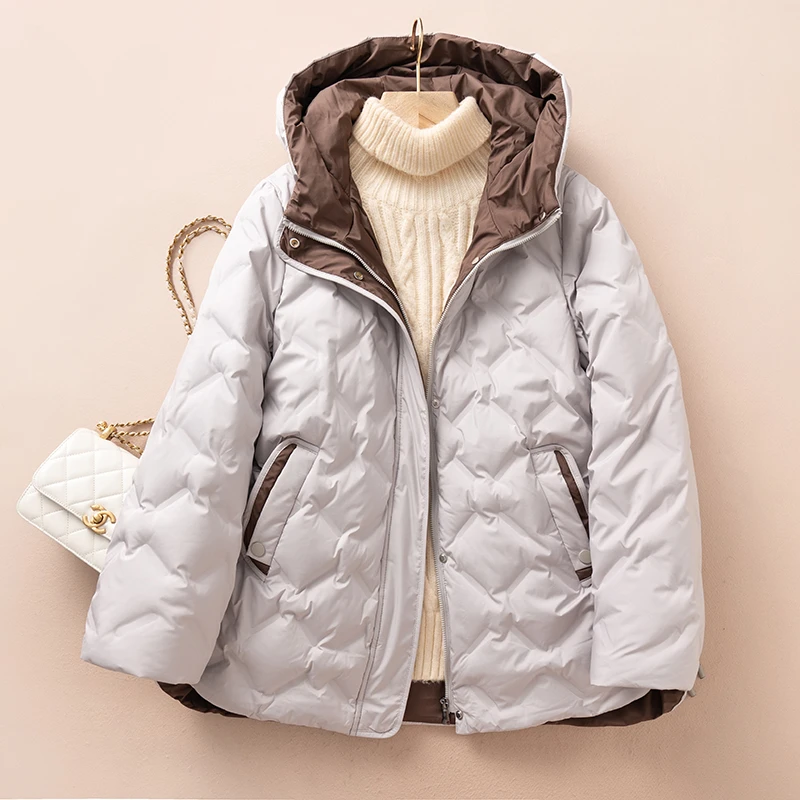 DUCURNO连帽拼接羽绒服女冬季2026新款时尚气质宽松加厚保暖外套