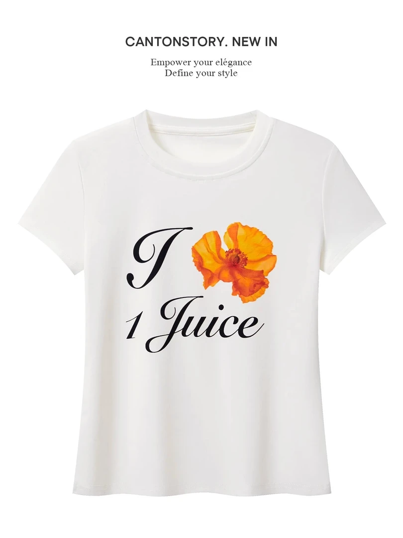 羊城故事-橘色花卉印花圆领短袖t恤女2025新款简约修身上衣2047