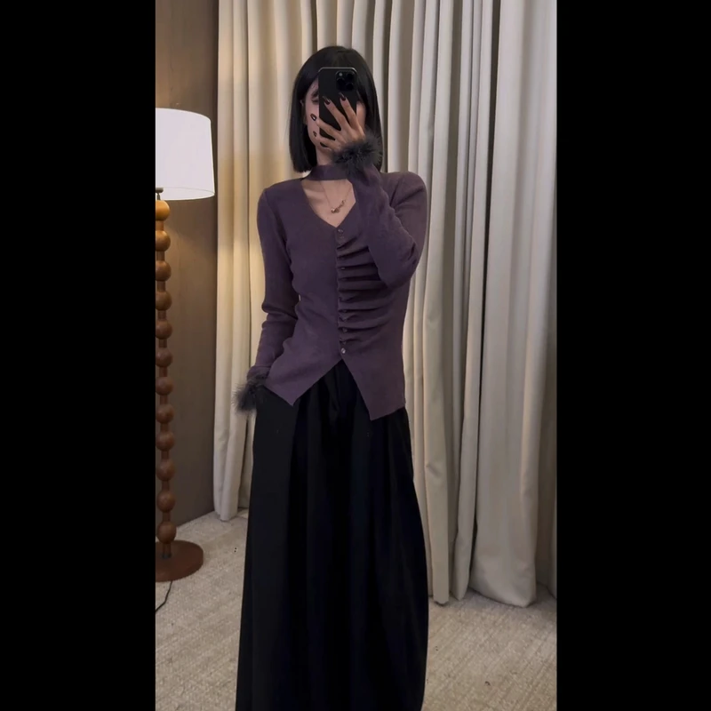 【ZZ严选】2785法式镂空套头毛毛长袖针织衫女捏褶修身小众上衣秋冬