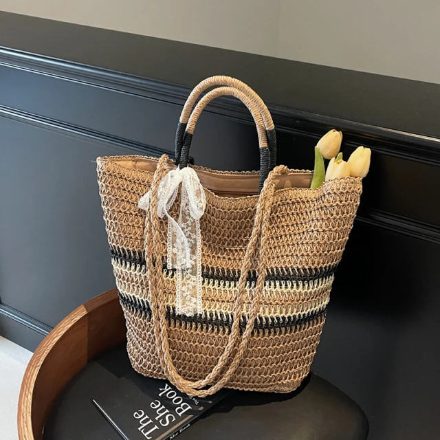 时尚气质条纹单肩草编包新款时尚丝巾手提编织包女海边度假沙滩包