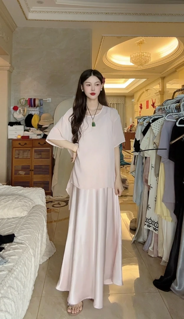 时尚显瘦百搭醋酸吊带裙搭配薄款罩衫女装6573