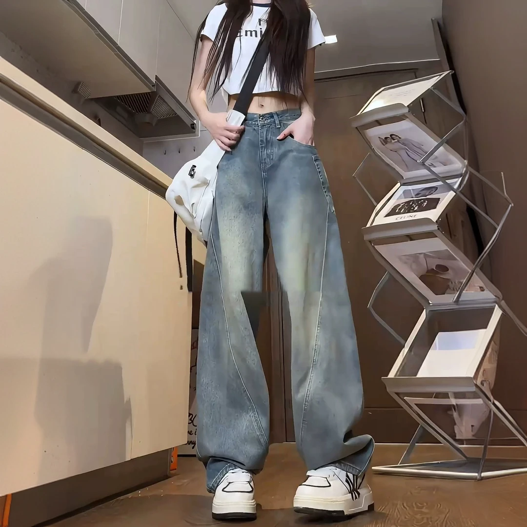 复古蓝弯刀牛仔裤男女秋季拼接设计感裤子美式高街vibe直筒阔腿裤