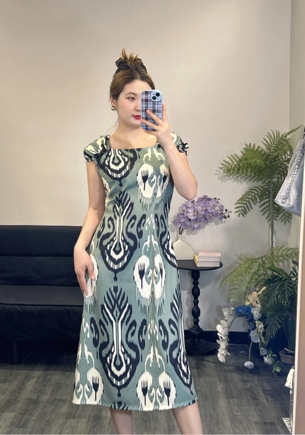 KDY·复古绿艾特莱斯法式优雅气质长款夏季连衣裙