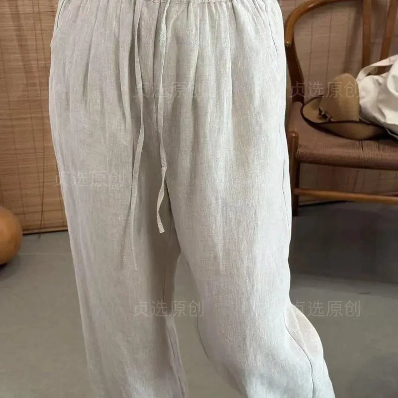 1316-1-新款亚麻抽绳阔腿直筒裤女休闲百搭