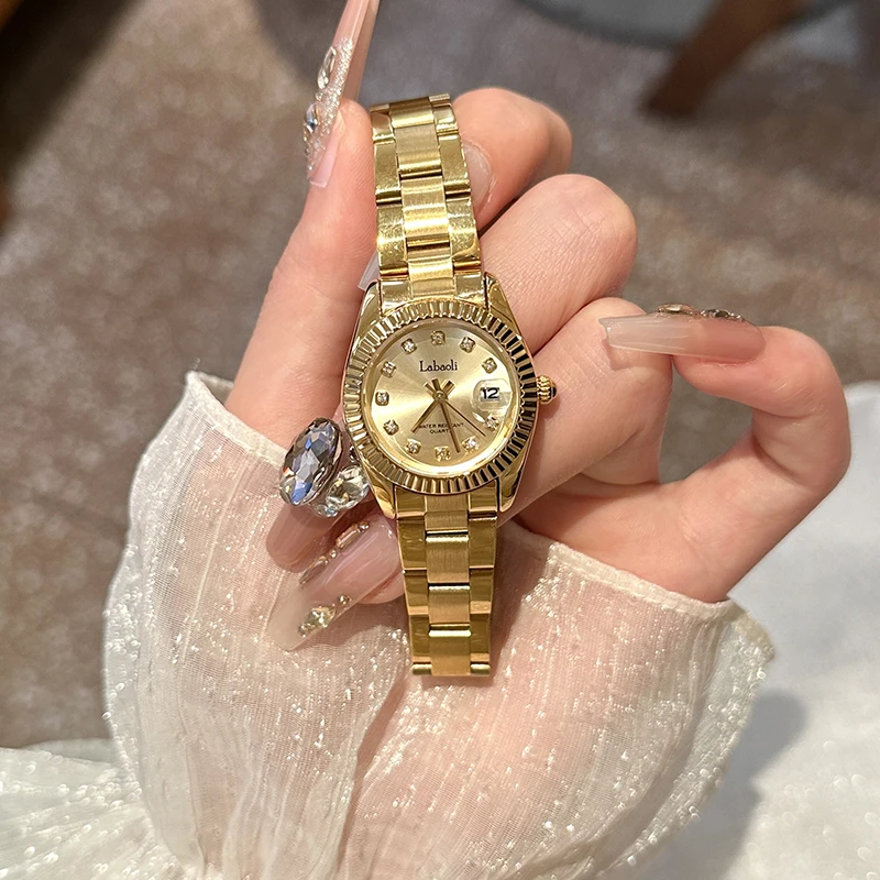 时尚小金表个性设计感气质钢带手表防水带日历石英腕表手表女441