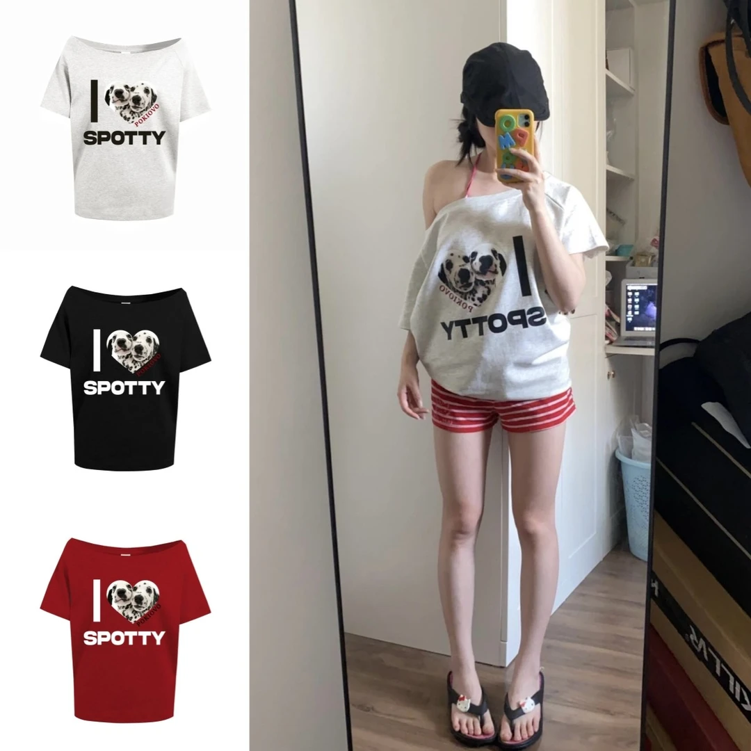 美式复古爱心斑点狗斜肩短袖t恤女夏季设计感宽松显瘦百搭上衣潮