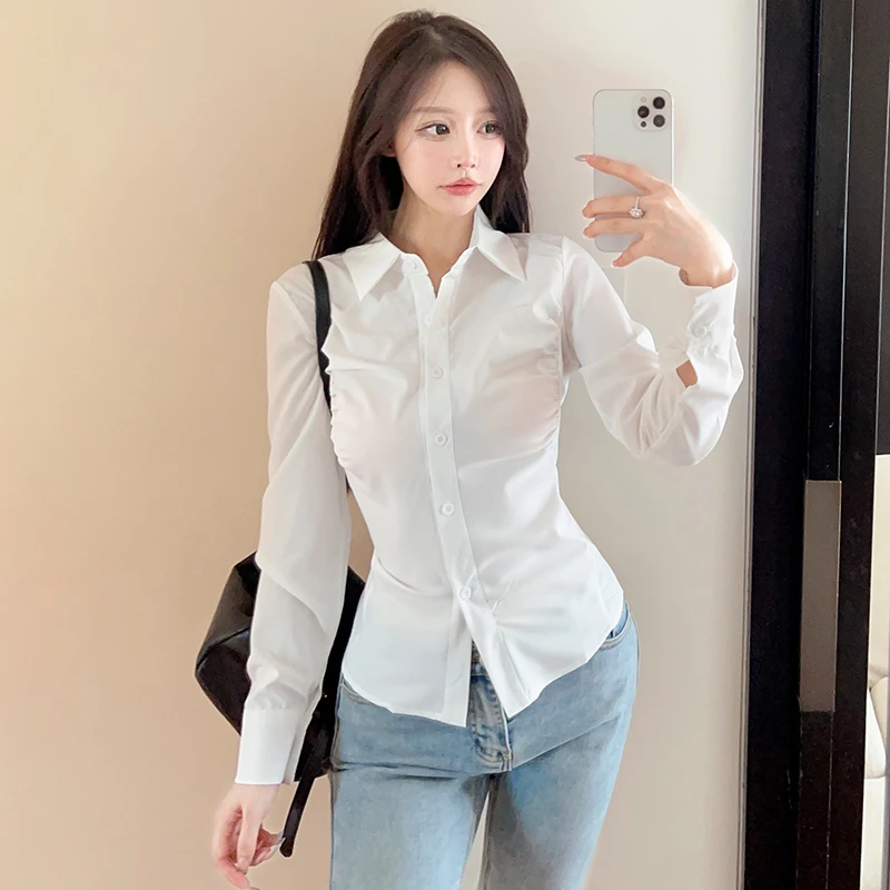 辣妹收腰褶皱设计感长袖衬衫女夏季2025新款气质翻领百搭纯欲上衣