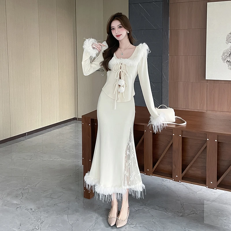 美神降临秋冬显瘦修身温柔风毛毛拼接长袖上衣+半身裙两件套装女