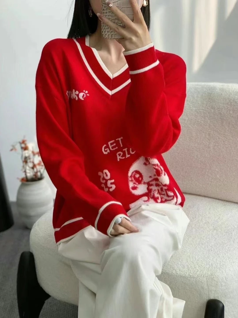 2025新款红色针织打底百搭上衣时尚天丝羊毛衫