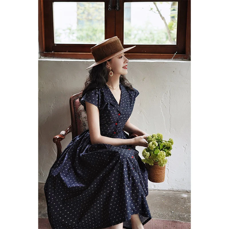 法式复古v领经典波点连衣裙 撞色腰带赫本风高腰A字大摆裙