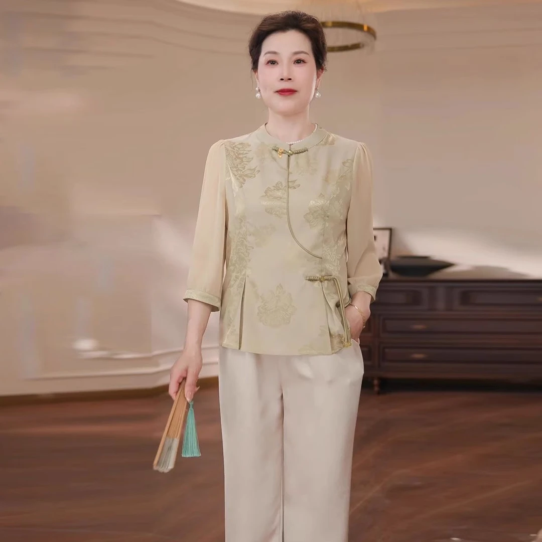 妈妈新中式夏装雪纺衬衫套装2025新款高贵印花上衣中老年女薄T恤