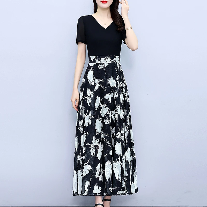 假两件连衣裙女装2025年夏季新款印花气质显瘦大摆妈妈裙子