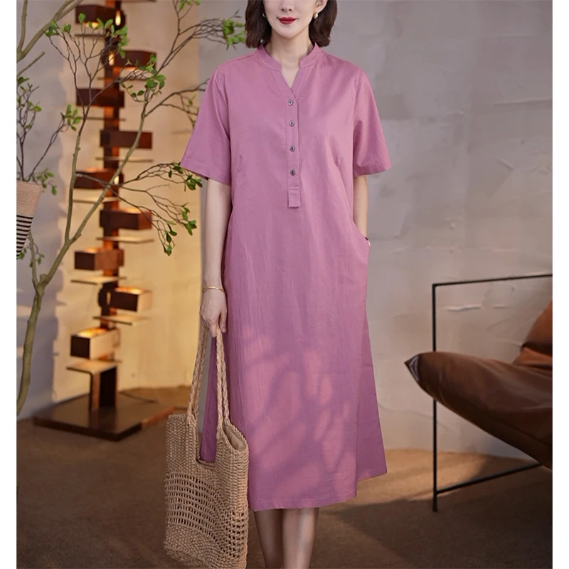 zfc9933V领纯色常规宽松腰短袖连衣裙大码宽松法式风格