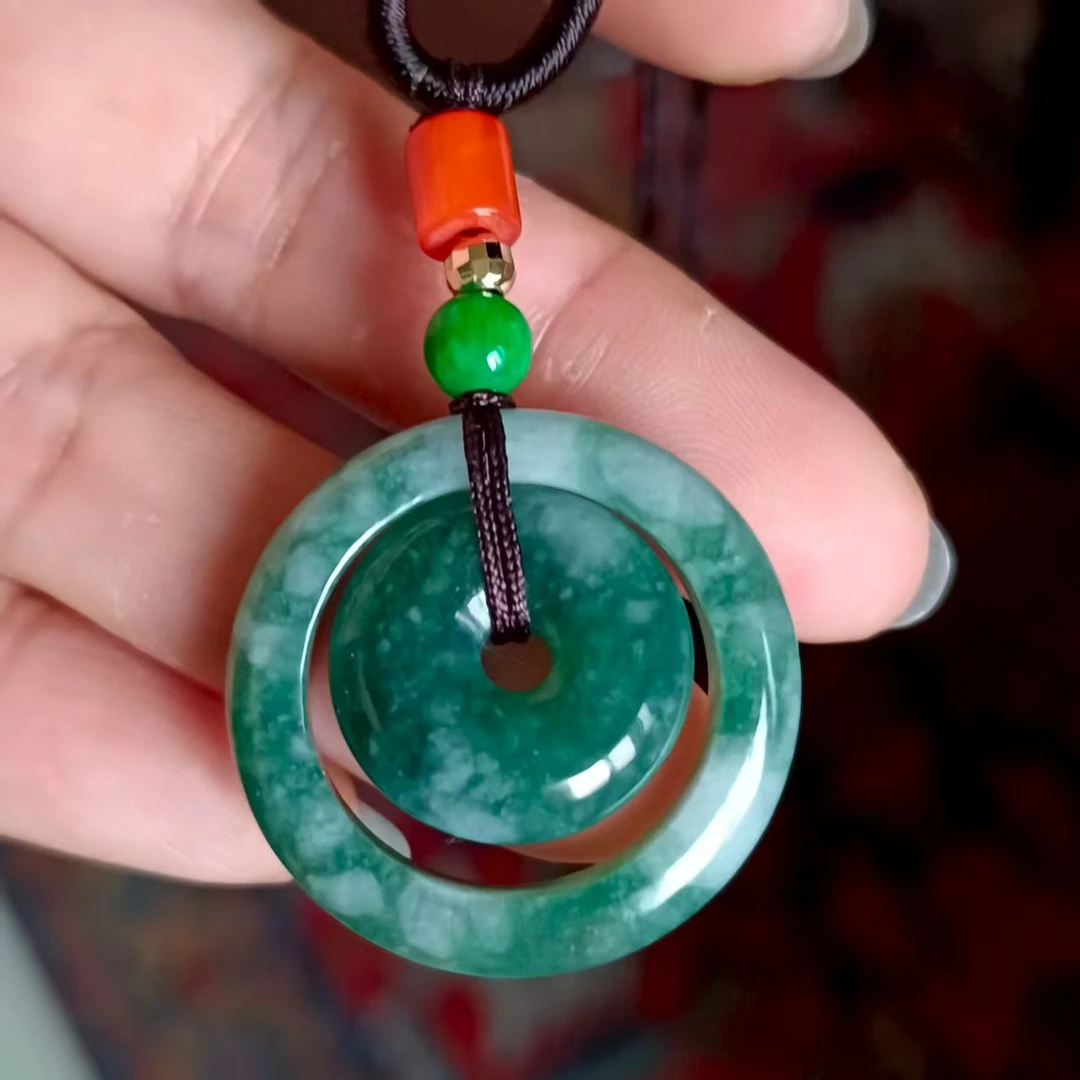 天然A货缅甸翡翠吊坠特色满绿花双彩平安母子扣29.5*5.6mm玉挂件