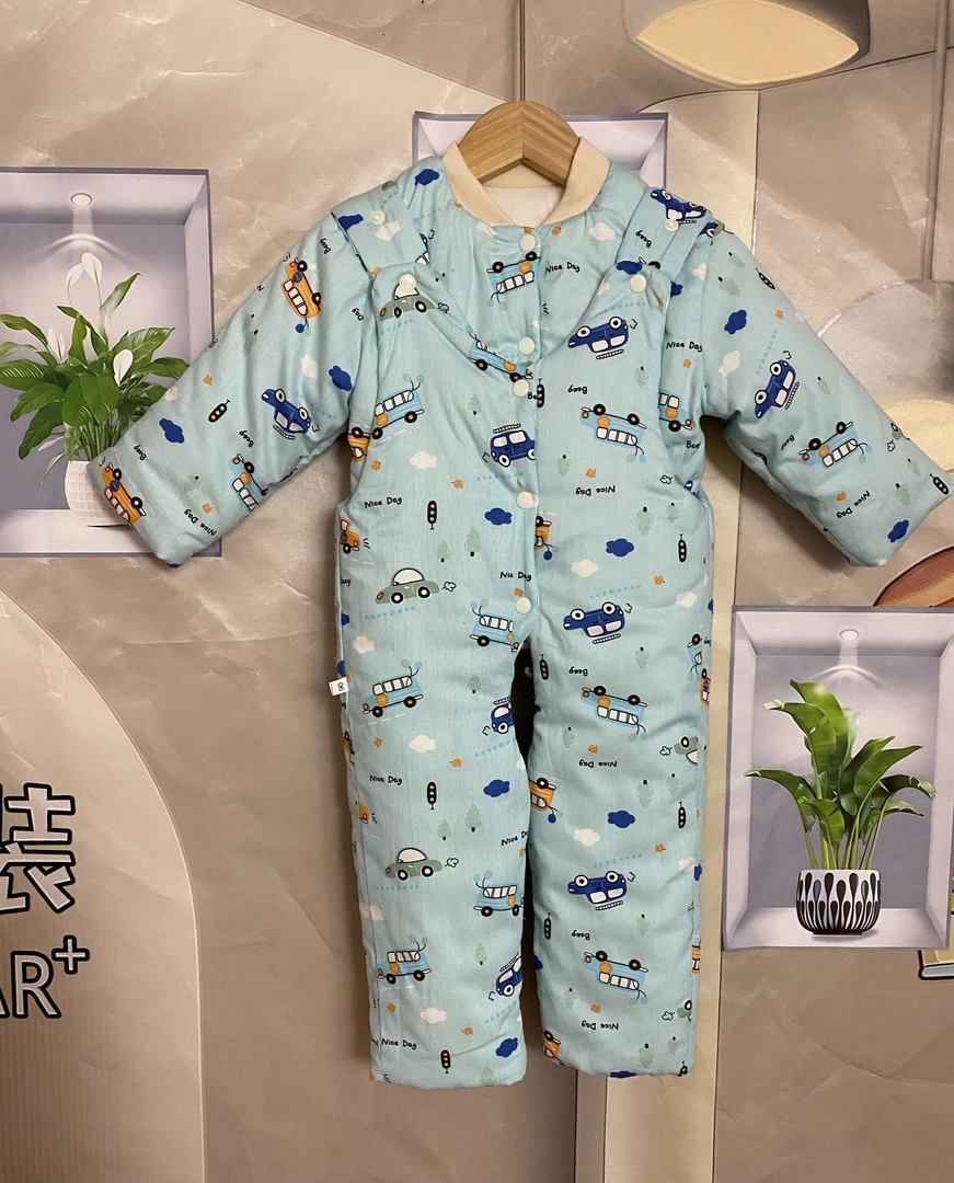 蓝绿色小汽车手工棉花衣斜纹棉防风上下背带套装