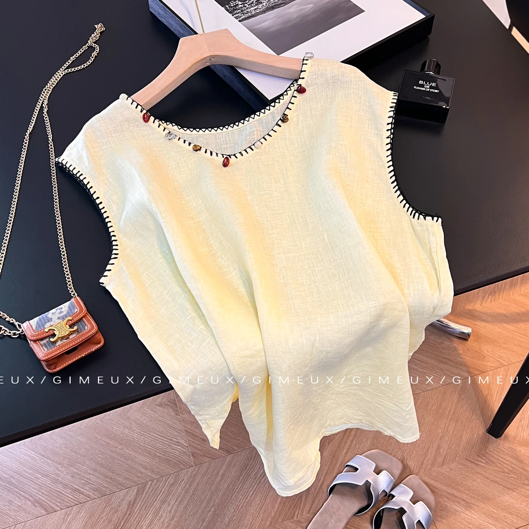 韩系明线无袖衬衫背心女夏季2025新款宽松显瘦百搭减龄小衫上衣潮
