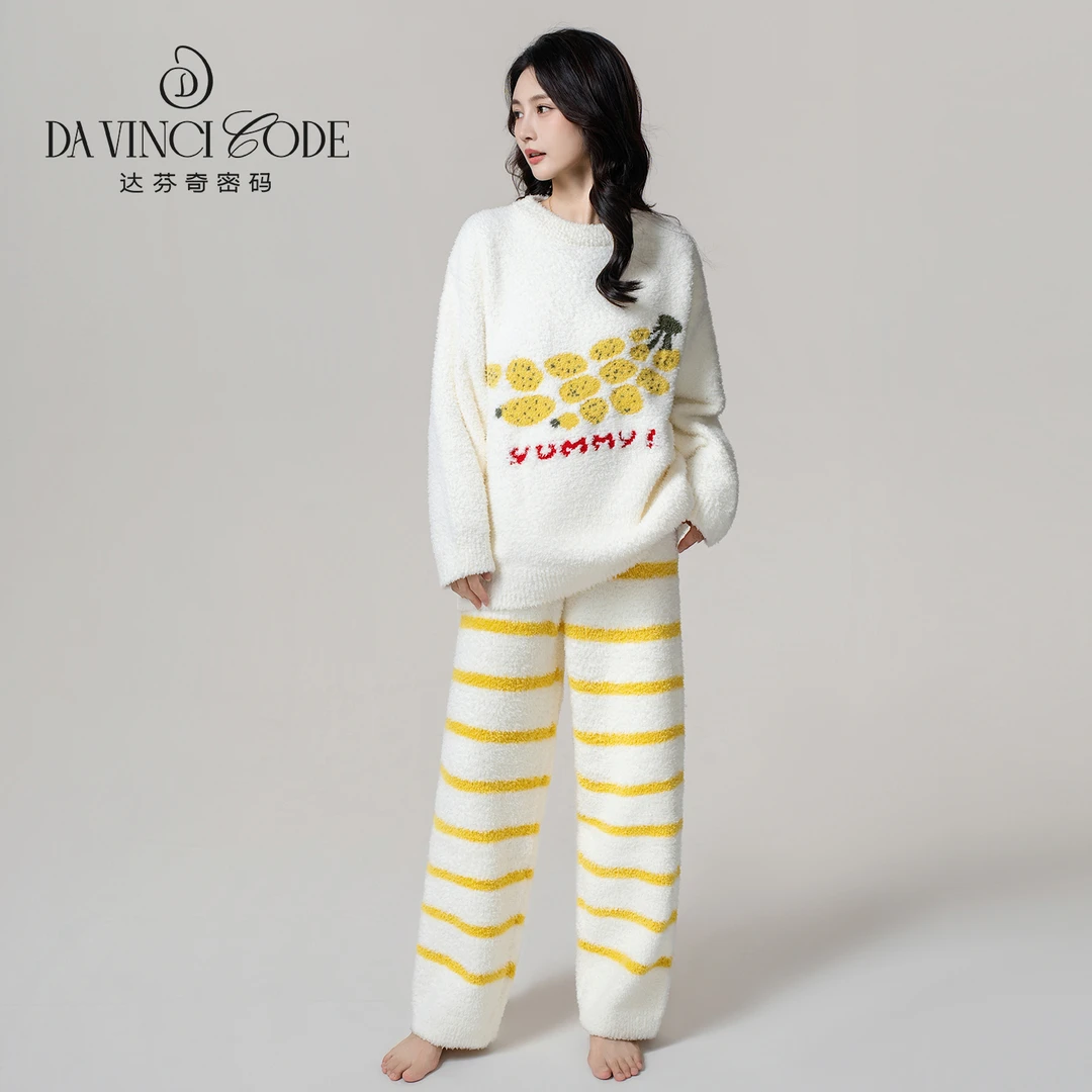 达芬奇密码秋冬小香蕉老鼠绒款睡衣女半边绒套装保暖情侣款家居服
