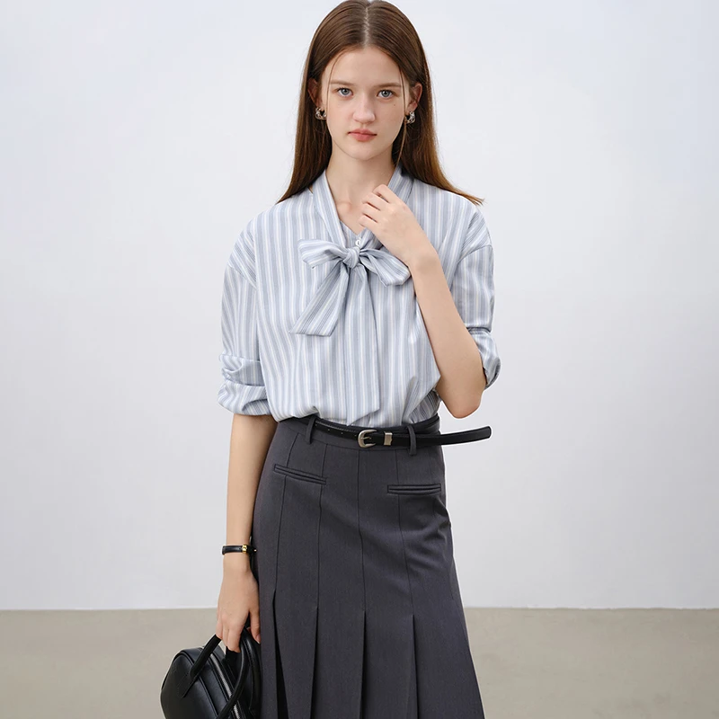 自巧小个子女装通勤条纹飘带衬衫长袖高级感慵懒风衬衣 25ZQ91179