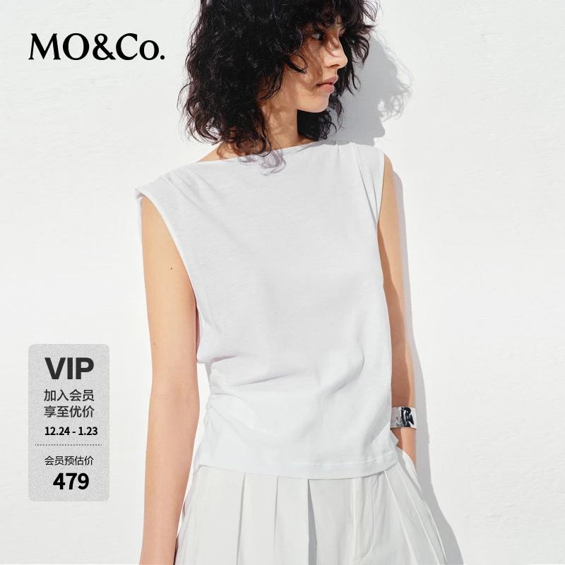MOCO上衣2025夏新品捏褶宽肩收腰交叠露背T恤设计感MBE2TOP012