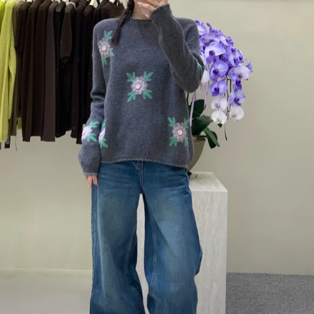 套头款提花叶子冬季拼色毛针织衫加厚百搭上衣宽松