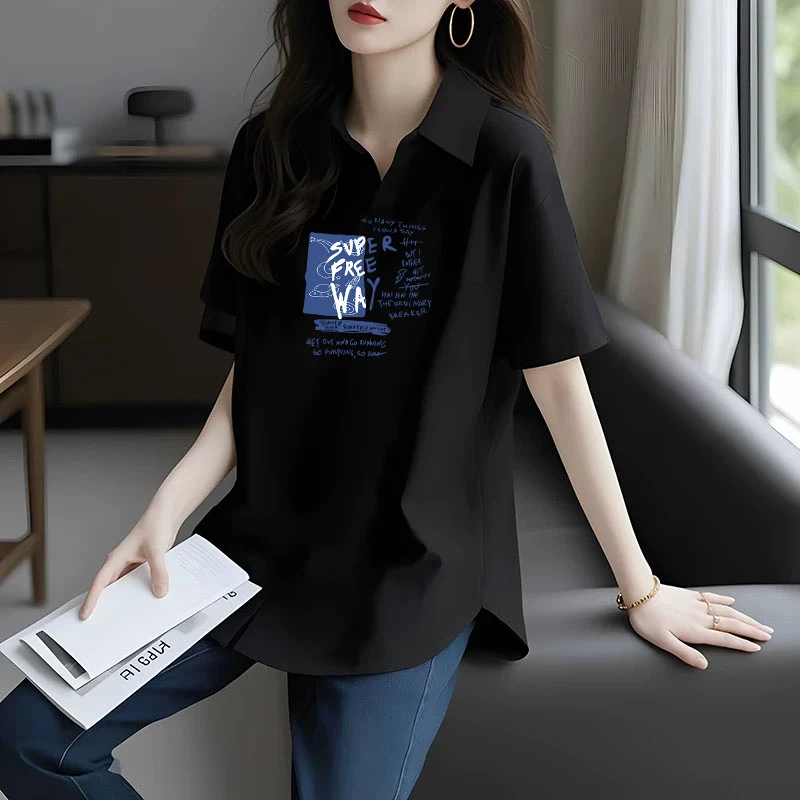 欧货夏季时尚新款遮屁股上衣黑色polo领显瘦宽松打底衫短袖T恤女