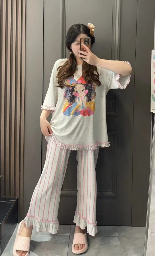 韩版公主风可爱少女卡通印花短袖家具睡裙睡衣套装