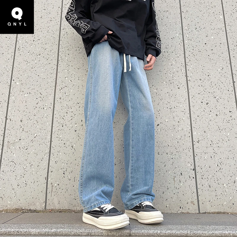QNYL潮牌欧若风新款水洗浅牛仔裤男款潮流休闲学生宽松直筒裤百搭