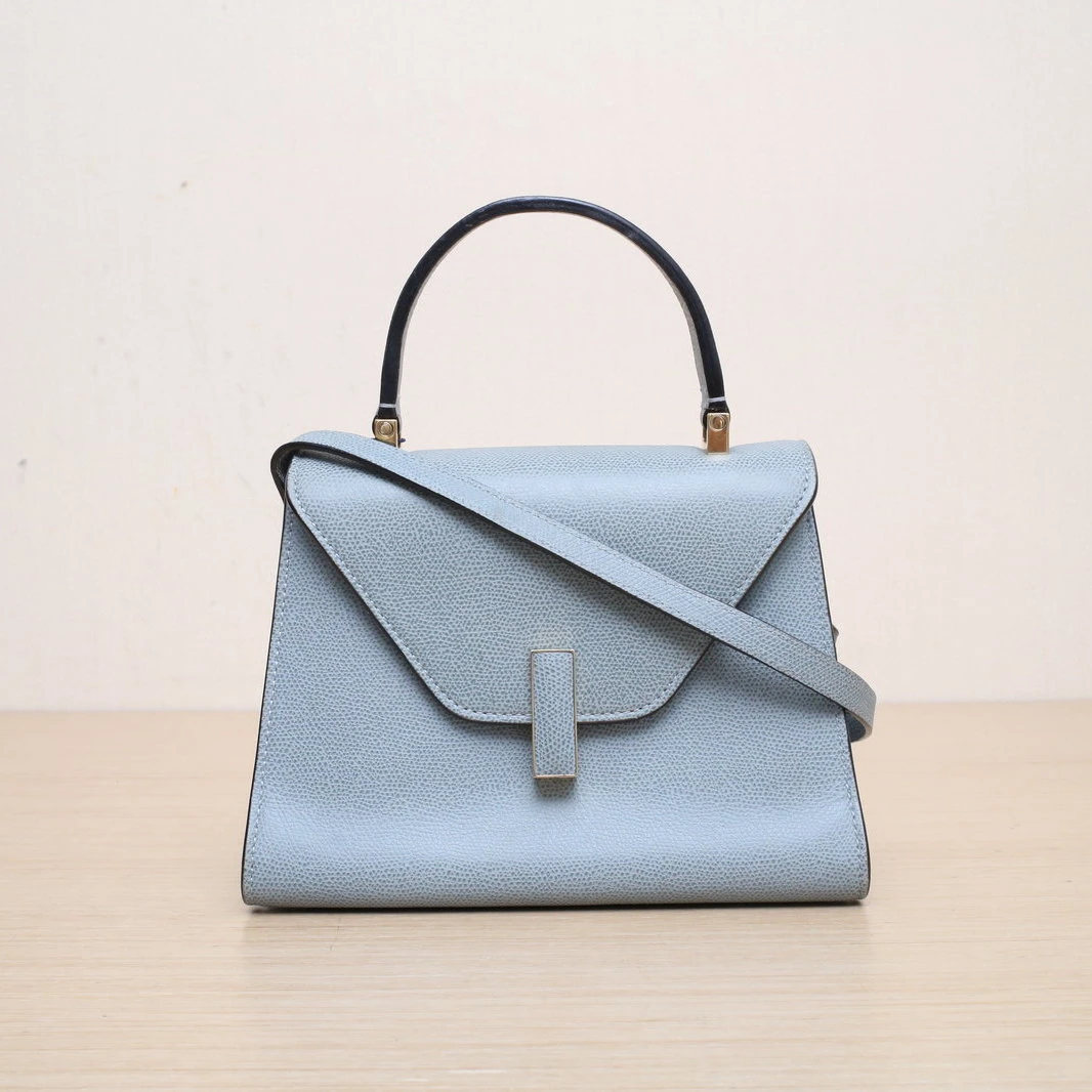 95新 Valextra 【娇】长方形扣 肩背包Mini 雾霾蓝 皮革C 196047