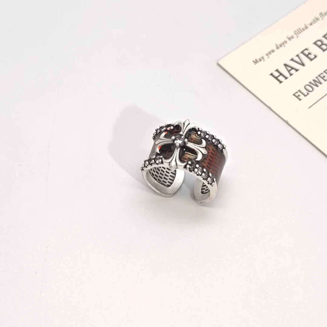 铜合金锆石戒指 06951复古做旧十字花C圈开口戒指