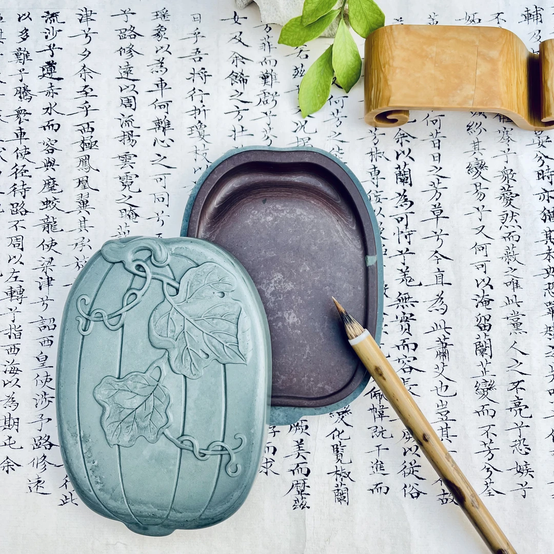 松花石瓜式砚有盖砚手工雕刻高颜值独特精致非优质大气颜色非遗