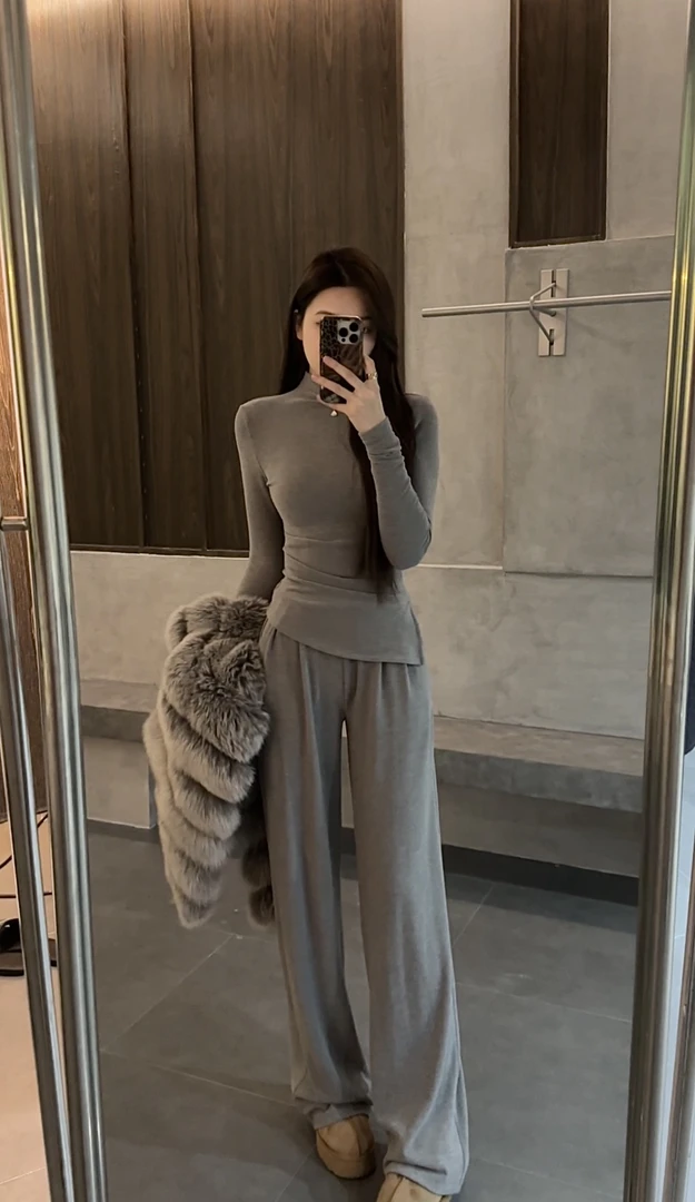 【苏苏】秋冬季新款德绒半高领长袖T恤修身显瘦套装DT1778