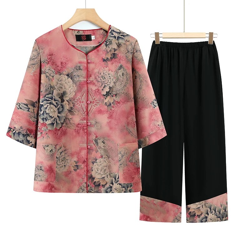 60岁奶奶夏装短袖套装中老年人衬衫女气质妈妈装夏季开衫老人衣服