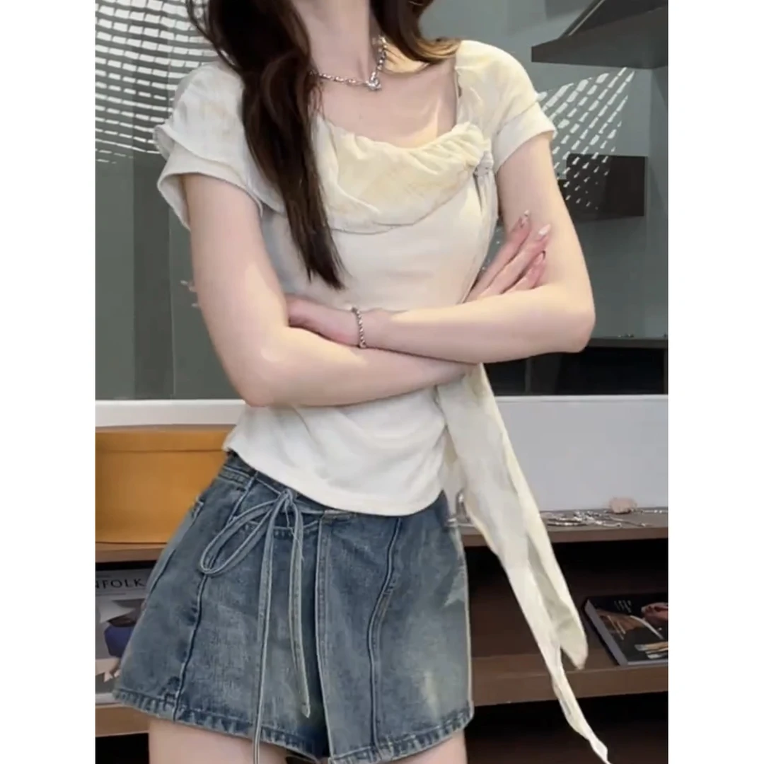 法式网纱拼接露肩短袖t恤女夏季小个子温柔风设计感修身斜肩上衣
