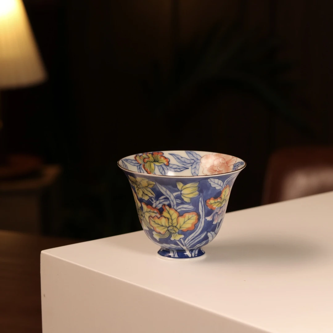 雨溪山房 景德镇手绘青花釉里红蓝地鸢尾花茶杯主人杯 茶具85cc