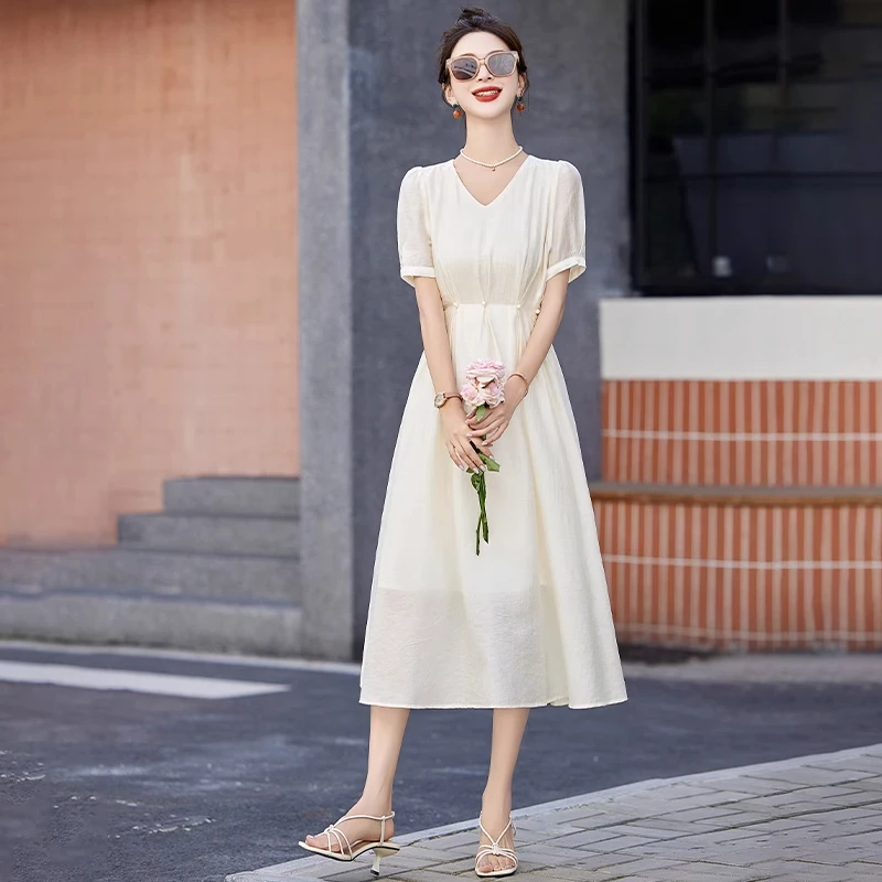法式气质高端纯色连衣裙女夏2025新款收腰遮肚子减龄百搭冰丝裙子