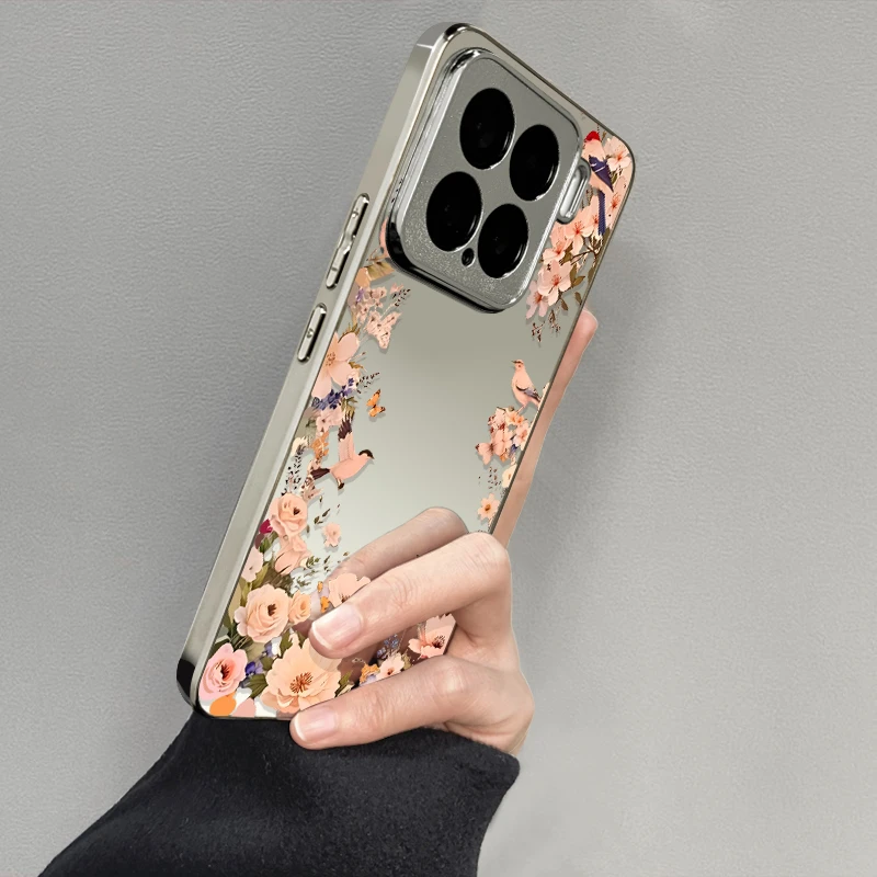 适用小米15手机壳喜鹊花卉电镀补妆镜面女款奢华网红实用配件高级