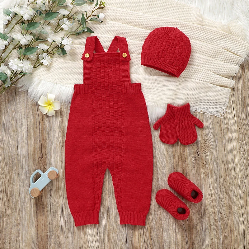 出口针织婴儿背带裤哈衣秋冬小baby男女宝宝吊带爬爬服套装手脚套