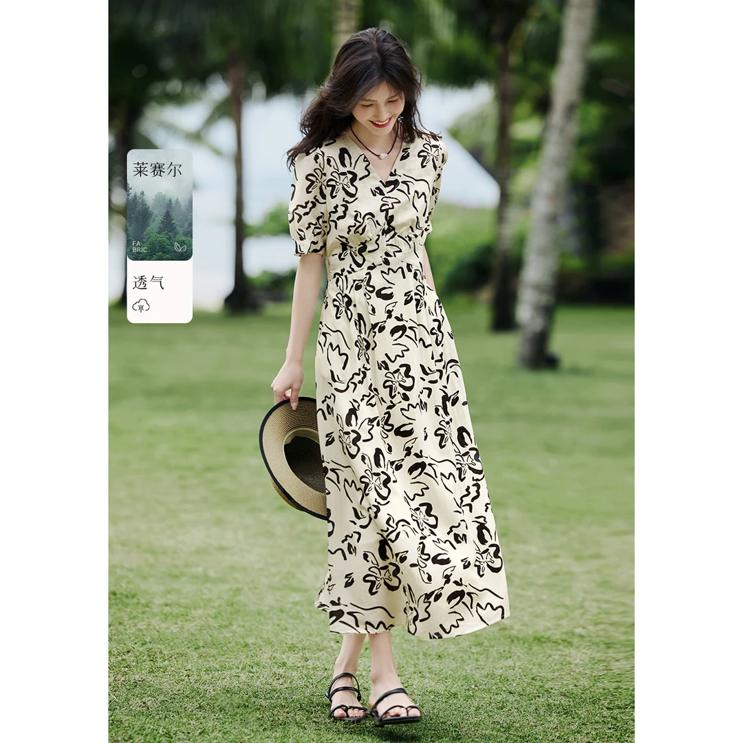 XWI/欣未莱赛尔亚麻茶歇显瘦收腰连衣裙2025夏季显瘦百搭印花长裙