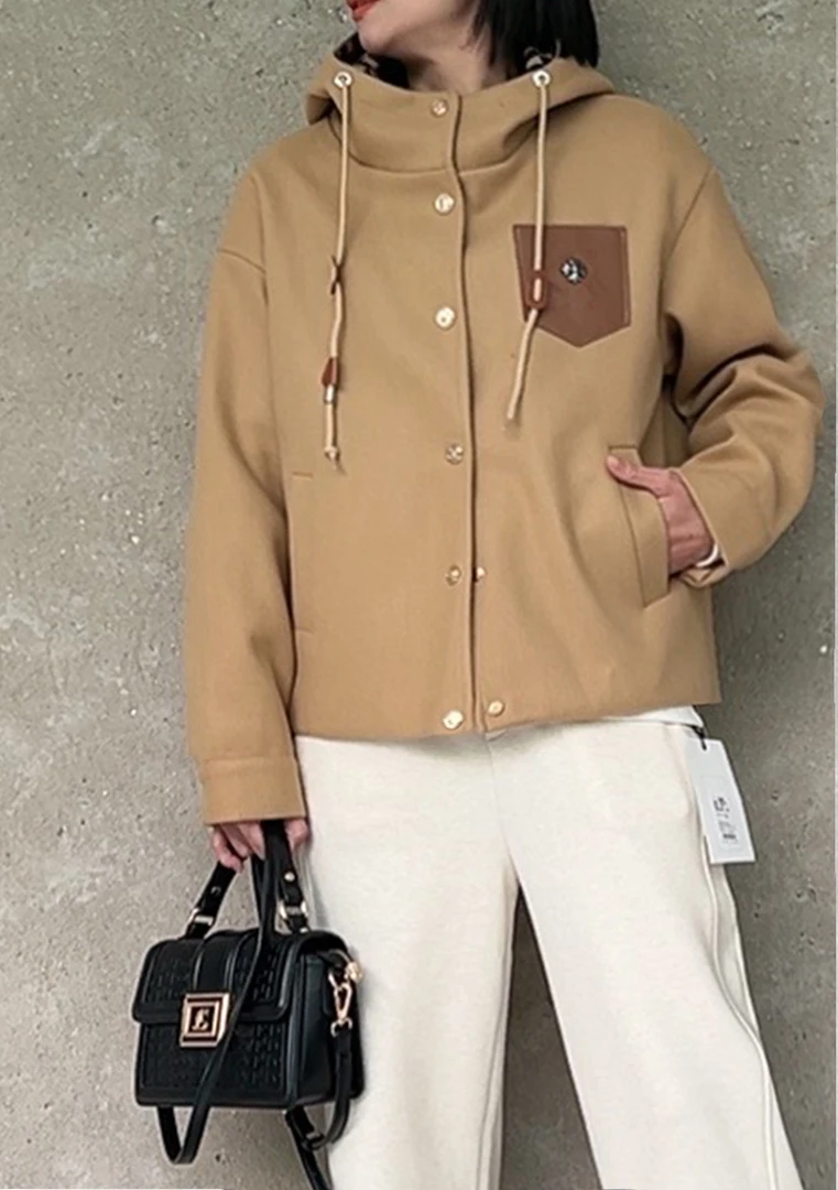 短款双面大衣女秋冬季新款高级感连帽卡其色外套63268