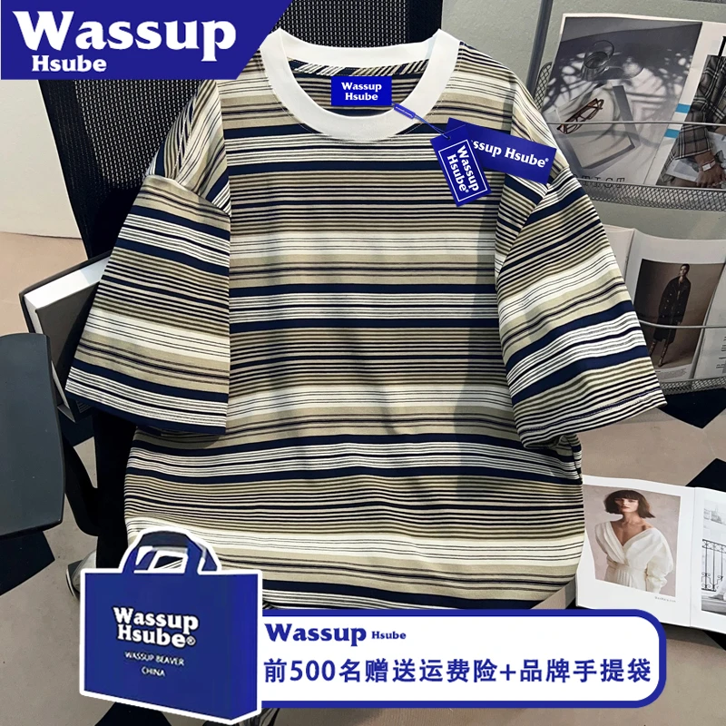 WASSUP HSUBE美式ins夏潮牌设计上衣条纹印花纯棉半袖纯色男女T恤