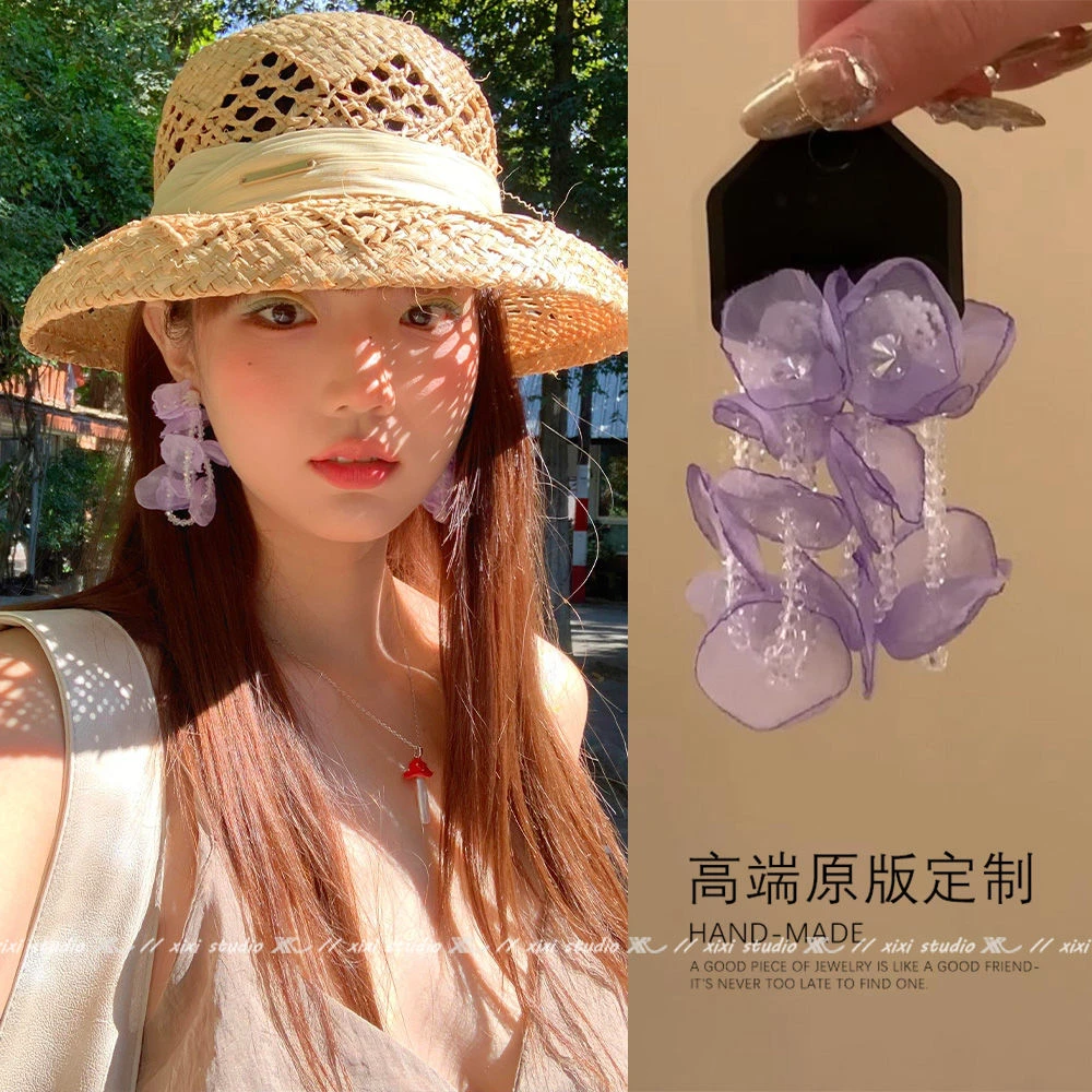 度假风雪纺花朵流苏耳环女紫色耳饰森系高级感耳坠春夏季海边拍照