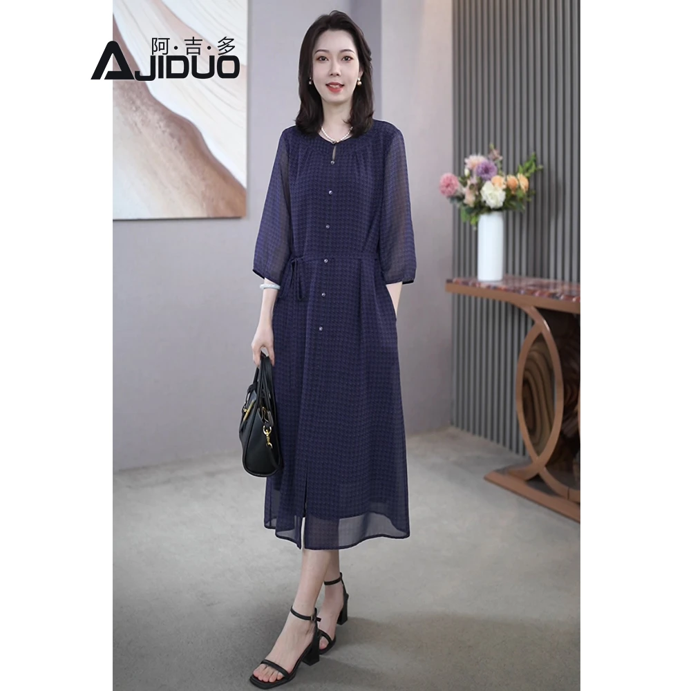 七分袖连衣裙女新款优雅高级气质紫色千鸟格长裙中老年妈妈装裙子