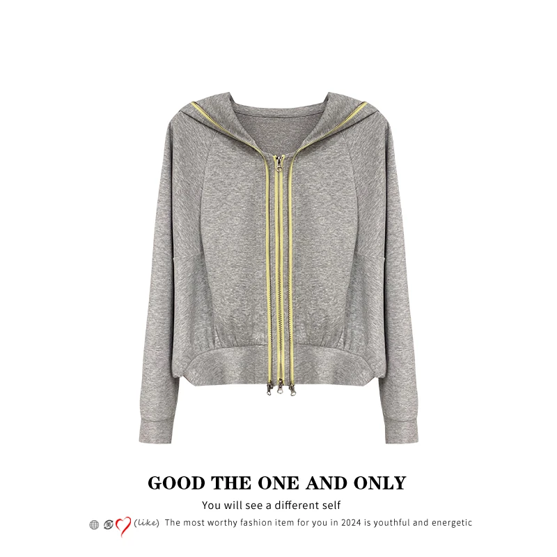 蝙蝠袖休闲洋气撞色双拉链连帽卫衣外套801256