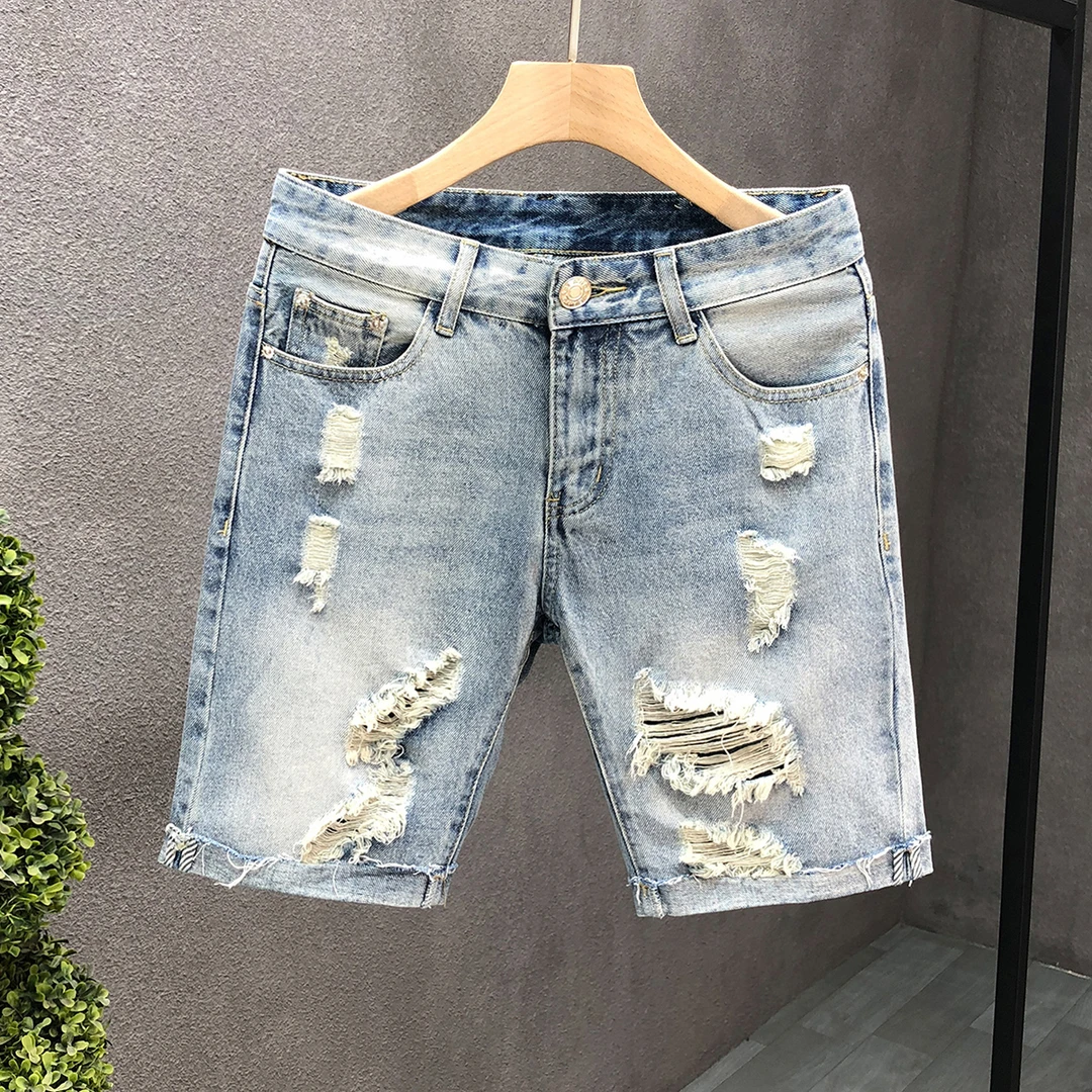 高端破洞牛仔短裤男潮牌夏季合体水洗浅色五分裤男士修身痞帅中裤