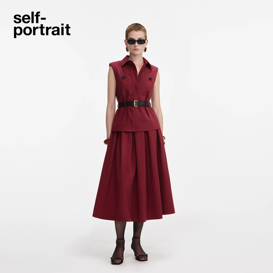 self-portrait 2025秋冬新款酒红色气质通勤翻领假两件连衣裙