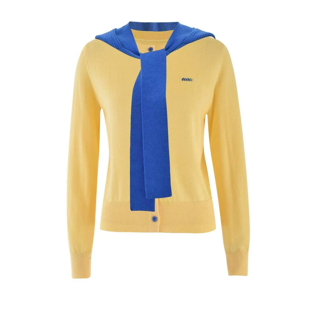 ICCLEK 柠檬黄拼色长袖连帽长袖针织衫 -7021