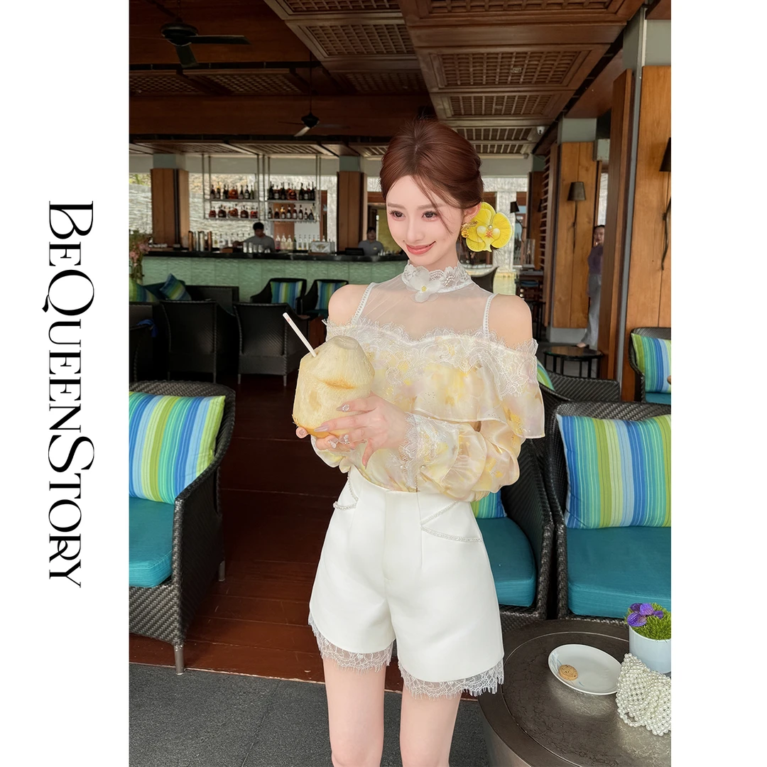 【高高甄选】【格林漫游】时尚欧若风蕾丝花边立领露肩上衣2025新款